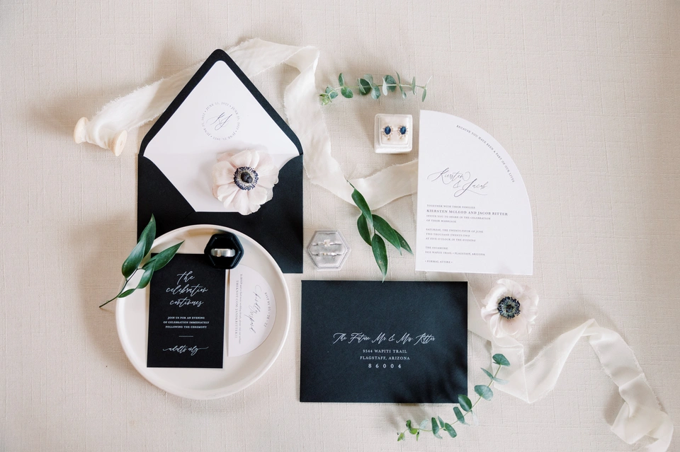 black and white wedding invitation suite