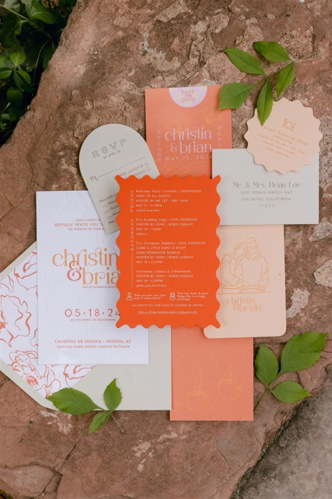 coral colored wedding invitation suite