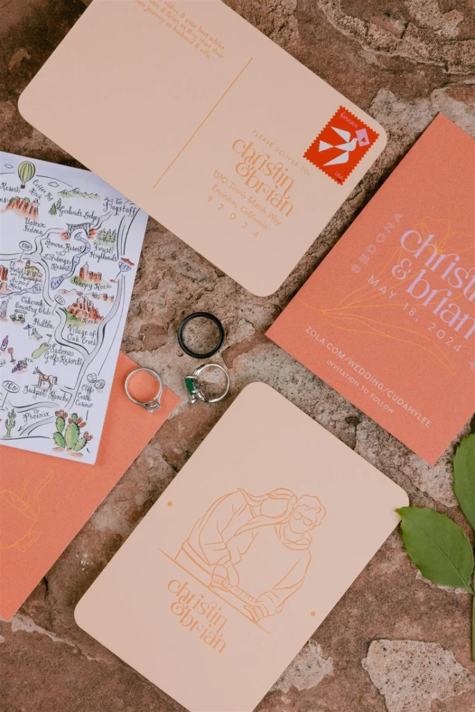 coral colored wedding invitation suite
